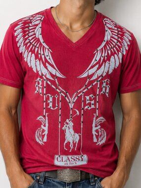 Rush Couture Men's Unisex V-neck Tee Shirt Red White Studded Size Large Graphic